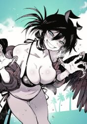 bikini bird_girl blue_eyes crow-chan_(karasu_raven) jacket karasu_raven looking_at_viewer talons wet_body wings