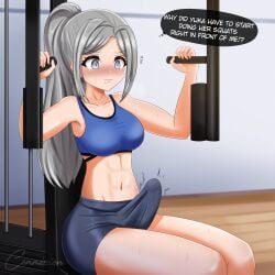 abs big_breasts blush clothed commission d4dj danzfloor erect_penis erection futa_only futanari gym long_hair niijima_ibuki sports_bra sweat swirly_eyes text thick_thighs thought_bubble