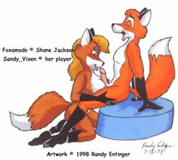 1990s 1998 20th_century anthro blonde_hair breasts canine closed_eyes fellatio female fox fur furry hair kneeling long_hair male oral oral_sex orange paizuri penis randy_entinger sex sitting straight tail tongue