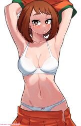 1girls armpits arms_up blush boku_no_hero_academia brown_eyes brown_hair cheerleader cheerleader_uniform dashi_art female my_hero_academia ochako_uraraka partially_clothed short_hair skirt_down solo solo_female underwear undressing uniform white_underwear