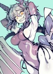 armpits arms_behind_head bags_under_eyes dragon_girl female horns karasu_raven looking_at_viewer pointy_ears sharp_teeth smile smiling_at_viewer solo_female thick_thighs wings yellow_eyes