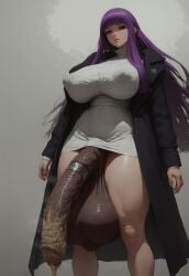 ai_generated civitai cock_ring cum cum_drip dark_penis dirty_penis excessive_cum fern_(sousou_no_frieren) frieren_beyond_journey's_end futa_only futanari gross_penis heavy_balls highres huge_balls huge_breasts huge_cock hung_futanari large_balls large_penis long_penis nipple_bulge nipples nipples_visible_through_clothing penis purple_eyes purple_hair smegma sousou_no_frieren steamy_penis stench sweaty_genitalia tight_clothing wide_hips yellow_cum