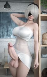 3d belly big_breasts big_penis covered_eyes dress futa_only futanari huge_breasts huge_cock massive_penis nier:_automata perfect_body stevencarson thighhighs transparent_clothing white_dress white_hair yorha_2b