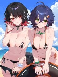 2girls :) ahoge bare_shoulders beach belle_(zenless_zone_zero) big_breasts bikini bikini_bottom bikini_top black_hair black_nails blue_hair blue_nails blush breasts choker cleavage clouds cute ear_piercing earrings ellen_joe female female_only floater green_eyes hair_between_eyes hairclip head_tilt hips leaning_forward light-skinned_female light_skin looking_at_viewer nail_polish necklace outdoors outside red_eyes sea shark_tail sharp_teeth short_hair sky small_bikini smile smiling_at_viewer swimsuit tagme tail thigh_gap thighs tight_clothing waterring wet_skin zenless_zone_zero