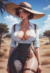 ai_generated areolae bare_legs big_breasts cleavage dark_hair explorer female freckles human sanyasralker savannah shy skirt_around_one_leg solo sweaty voluptuous wide_hips