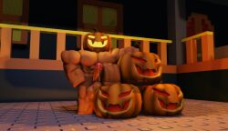 1boy 3d balls caio_rr34 gay hairless_male halloween halloween_theme haunted_house leaking_precum male_only muscle muscular_male outside penis precum_string pumpkin_head roblox robloxian self_upload tagme watermark