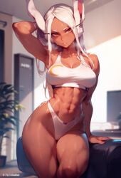 a1exwell ai_generated and animal_ears armpit arms_up boku_no_hero_academia crop_top female mirko my_hero_academia panties stable_diffusion sweat thong toned toned_female