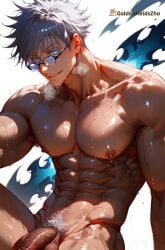 1boy abs ai_generated armpit_hair bangs bara blue_eyes completely_nude flaccid glasses goldenfieldszho jujutsu_kaisen large_pectorals looking_at_viewer male_focus male_pubic_hair muscular muscular_male navel nipples nude pectorals penis pubic_hair round_eyewear satoru_gojo short_hair smile solo sweat testicles thick_thighs thighs uncensored veins white_hair