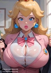 ai_generated big_breasts blush bursting_breasts curvy cute hi_res highres huge_breasts large_breasts looking_at_viewer mario_(series) nintendo nintendo_switch office_lady princess_peach proxyaiart secretary suit thick_thighs voluptuous