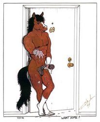 1990s 1994 20th_century anatomically_correct anatomically_correct_genitalia anatomically_correct_penis animal_genitalia animal_penis anthro black_eyes brown color cum equine equine_genitalia equine_penis fur furry genitals horse looking_at_viewer male male_only masturbation penis solo standing tail tim_o'rourke year