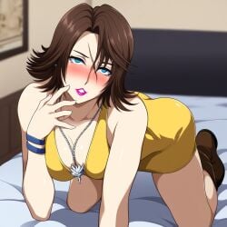 blue_eyes blush brown_boots brown_hair cleavage final_fantasy_viii novelai rule_63 selphie_tilmitt_(cosplay) squall_leonhart yellow_dress