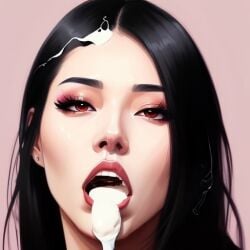 after_blowjob after_fellatio after_oral after_oral_rape after_sex ai_generated asian_female black_hair cum_in_mouth cum_on_face cum_on_hair ejaculation eyeshadow girly heavy_makeup korean_female lipstick makeup pale_skinned_female pink_lips showing_cum