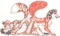 2008 anthro canine closed_eyes cloudchaser fur furry hat icen kissing knotting raised_tail sly tail threesome vixina