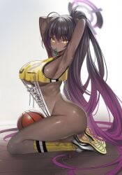 1girls basketball black_hair blue_archive breasts dark-skinned_female dark_skin female halo huge_breasts karin_(blue_archive) long_hair naughty_face ponytail teddypocky thick_thighs yellow_eyes