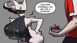 anthro arceus big_breasts breasts eliowrathful green_sclera human nintendo pokeball pokemon pokemon_(species) red_eyes spanish_text translation_request