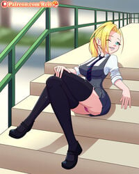 blonde_hair braces female freckles original_character outdoors reit roxy_(reit) schoolgirl teenager upskirt