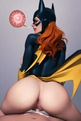 ai_generated barbara_gordon batgirl cum_in_pussy cum_inside fertilization green_eyes impregnation red_hair reverse_cowgirl_position