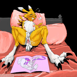 anthro bed blue_eyes breasts canine digimon dildo endenden female fox fur furry masturbation panting pillow pussy pussy_juice renamon sex_toy sitting solo sweat tear toy yellow