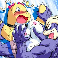 blue_eyes blush breast_fondling breasts collar cum dragonite female fondling g-sun machamp male muscles nintendo nipples pokemon pokemon_(species) pokemon_only purple rape sex straight sweat yellow