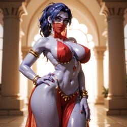 1girls ai_generated big_breasts blizzard_entertainment dancer_outfit dark_hair eogard_orc exotic_dancer face_veil gold_jewelry loincloth nail_polish oiled oiled_skin overwatch overwatch_2 purple_skin red_nails self_upload shiny_skin stable_diffusion standing veil widowmaker