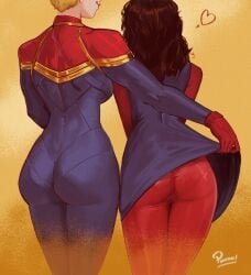 2girls ass ass_focus back_view bodysuit booty captain_marvel captain_marvel_(movie) carol_danvers chocolate_and_vanilla clothed clothed_female dark-skinned_female dark_skin dress female female_only from_behind gloves heart lifting lifting_skirt light-skinned_female light_skin long_hair marvel marvel_cinematic_universe marvel_comics ms._marvel ms._marvel_(kamala_khan) ms._marvel_(series) multiple_girls pantylines pinafore_(artist) rear_view short_hair smile superheroine tagme watermark yuri