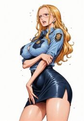 ai_generated alluring almost_naked almost_nude big_breasts blonde_hair blush breasts earring earrings female female_only glasses kalifa kalifa_(one_piece) long_hair looking_at_viewer one_piece open_mouth police police_badge police_officer police_uniform policewoman purple_eyes seducing seduction seductive seductive_body seductive_eyes seductive_gaze seductive_look seductive_mouth seductive_pose shiny_hair shiny_skin skin_tight skintight skintight_clothes skintight_clothing skirt thick_thighs uniform voluptuous voluptuous_female yashin