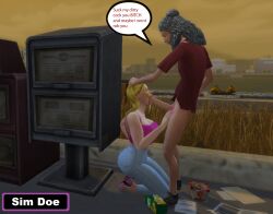 1boy age_difference big_ass big_breasts big_penis bimbo bimbo_body bimbo_lips blonde_hair blowjob caption captions female grey_hair hobo homeless homeless_male massive_penis old_man original_characters ponytails sim_doe sims4