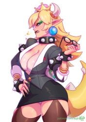 1girls armlet blonde_hair blue_eyes bowsette bracelet breasts choker cleavage earrings eyeshadow female female_only fully_clothed glasses hand_on_hip holding_glasses horns kajin_(kajinman) kajinman large_breasts lipstick long_hair looking_at_viewer makeup mario_(series) microskirt nintendo painted_fingernails panties pencil_skirt skirt_suit spiked_armlet spiked_bracelet spiked_choker suit super_crown tail thighhighs turtle_shell white_panties