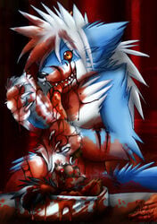 blood blood_stain blue_fur claws color fur furry gore guro hair incision injury inuki knife licking long_hair male nightmare_fuel open_wound orange_eyes self_harm tail tongue white_fur white_hair wound