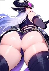 1female 1girls ai_generated anemoi ass ass_focus back_view booty female from_below headgear headwear league_of_legends long_hair looking_at_viewer looking_back plump_ass riot_games solo solo_female solo_focus syndra thick_ass thighhighs watermark white_hair