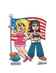 american_dad american_flag bare_shoulders black_hair blonde_hair breasts cleavage crop_top daltrinador dress fish fish_bowl francine_smith goldfish hands_on_hips hayley_smith headband headgear jeans klaus_heissler necklace pants red_lipstick short_dress short_hair smile tagme voluptuous wide_hips