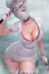 1girls bandaged_head blood choker cleavage female female_only gloves hi_res knife konami looking_at_viewer nurse nurse_(silent_hill) nurse_cap nurse_uniform prywinko silent_hill silent_hill_2 silent_hill_2_remake solo stockings white_stockings