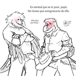 1:1 age_difference anthro avian beak beak_scar belly bird blush blush_lines bodily_fluids bottomwear cerdeorhys clothing corvid corvus_(genus) covering covering_crotch crossed_arms dot_eyes dress_shirt duo embarrassed erection father_(lore) father_and_child_(lore) father_and_son_(lore) feather_beard feather_hair feathers genital_fluids gonzalo_(cerdeorhys) hat headgear headwear hernan_(cerdeorhys) hi_res incest_(lore) looking_at_genitalia male male/male musclegut muscular nervous nervous_smile older_male oscine pants parent_(lore) parent_and_child_(lore) parent_and_son_(lore) passerine precum pseudo_hair raven shirt simple_background slightly_chubby slightly_chubby_male smile smiling_at_viewer son_(lore) spanish_text t-shirt text topwear vein white_background younger_male