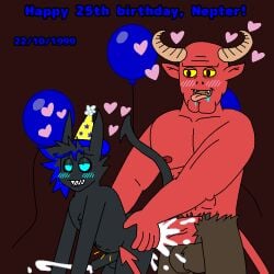 2024 anal anal_sex balloon balloons birthday birthday_art birthday_gift birthday_sex bulge bulging_belly cum cum_in_ass cum_inside demon devil drool drooling ejaculation gay gay_sex homosexual huge_cock huskyblue42 male male/male muscular muscular_male nepter_hallows_(huskyblue42) non-human non-human_only panting party_hat satan satyr sex stomach_bulge supermariofann1 toony