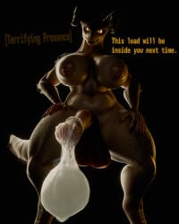 3d_(artwork) 4:5 absurd_res animal_genitalia animal_penis anthro areola balls belly big_balls big_breasts big_penis black_background blender_(artwork) bodily_fluids breasts claws condom cum dark_lighting deathclaw dialogue digital_media_(artwork) dim_lighting english_text equine_genitalia equine_penis excessive_cum excessive_genital_fluids fallout filled_condom genital_fluids genitals glistening glistening_areola glistening_belly glistening_breasts glistening_nipples gynomorph hi_res horn intersex intimidation looking_at_viewer microsoft mommyclaw_(vulgarvictor) nipples nude penis potatotime scalie sexual_barrier_device simple_background solo standing tail talking_to_viewer text watermark
