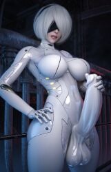 3d android belly big_breasts big_penis bodysuit female_focus female_only futanari huge_breasts huge_cock nier:_automata perfect_body stevencarson thighhighs white_body white_hair yorha_2b