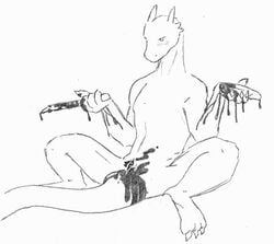 blood castration cock_and_ball_torture dragon guro knife line_art male male_ryona monochrome penectomy penis salamander_(artist) scalie torture