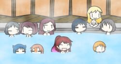 6+girls bioluminiscence_(artist) blonde_hair blue_hair chibi chibi_style closed_eyes crossed_legs grey_hair hand_up long_hair mob_face multiple_girls onsen open_mouth orange_hair original original_character outdoors ponytail pool red_hair short_hair sitting steam walfas walfas_(software) water