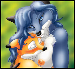 2008 anthro blue blue_eyes blue_hair blush breasts canine claws closed_eyes female fox fur furry hair inuki long_hair looking_at_viewer male mammal orange snuggle straight