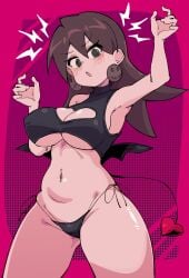 1girls @_@ big_breasts black_g-string black_panties blush brown_hair buzzlyears hands_up long_hair mega_man mega_man_legends tail tron_bonne wings