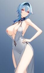 ai_generated blue_hair breasts dress eula_(genshin_impact) genshin_impact hi_res large_ass outcyli731 purple_eyes sideboob stable_diffusion white_dress