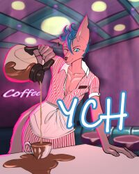 1boy 1girls 2024 abs blue_eyes breasts clothed clothes coffee coffee_mug digital_media_(artwork) earrings femboy furry furry_only illustration latte looking_at_viewer maid maid_uniform male one_eye_closed scarlet_side shop smile striped_clothing stripes unbuttoned unbuttoned_shirt waiter ych