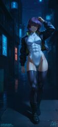 abs ai_generated alley artificialanaleptic athletic athletic_female black_footwear black_jacket boots breasts building city clothing covered_navel cyberpunk female female footwear full_body ghost_in_the_shell grin highleg highleg_leotard jacket kusanagi_motoko legwear leotard long_sleeves looking_at_viewer medium_breasts muscle muscular_female navel night open_clothes open_jacket outdoors purple_hair red_eyes short_hair sky smile solo standing thick_thighs thighhighs thighs tight_clothes tight_clothing toned white_leotard