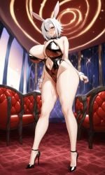 ai_generated arlecchino_(genshin_impact) big_breasts breasts bunny_ears bunny_girl bunnysuit genshin_impact high_heels outcyli731 stable_diffusion thick_thighs white_hair