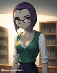 ai_generated blush boobjob dc_comics embarrassed forehead_jewel looking_at_viewer painted_nails purple_eyes purple_hair raven_(dc) rnsultralis short_hair solo sultralis870 teen_titans