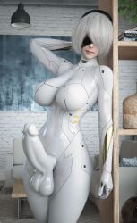 3d android android_girl big_penis bodysuit eyes_covered female_only futanari huge_breasts huge_cock nier:_automata perfect_body stevencarson thigh_highs white_body white_hair yorha_2b