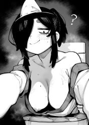 big_breasts breasts breasts_out female first_person_view ghost_girl karasu_raven looking_at_viewer monochrome nipples ponytail smile smiling_at_viewer sole_female toilet