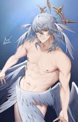 1boy abs angel_wings asaifrit covering_crotch golden_eyes honkai:_star_rail male_only sunday_(honkai:_star_rail) twunk white_hair wings yaoi yellow_eyes