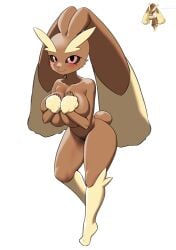 blush covering_breasts lopunny nobunagapero pink_eyes pokemon_(species)