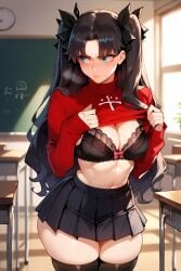 1girls ai_generated black_bra black_footwear black_skirt black_thighhighs blue_eyes bra classroom dark_hair embarrassed fate/stay_night fate_(series) lace lifted_by_self lingerie looking_away miniskirt quillai red_sweater ribbon school shy skirt solo_female sweater sweater_lift tohsaka_rin turtleneck